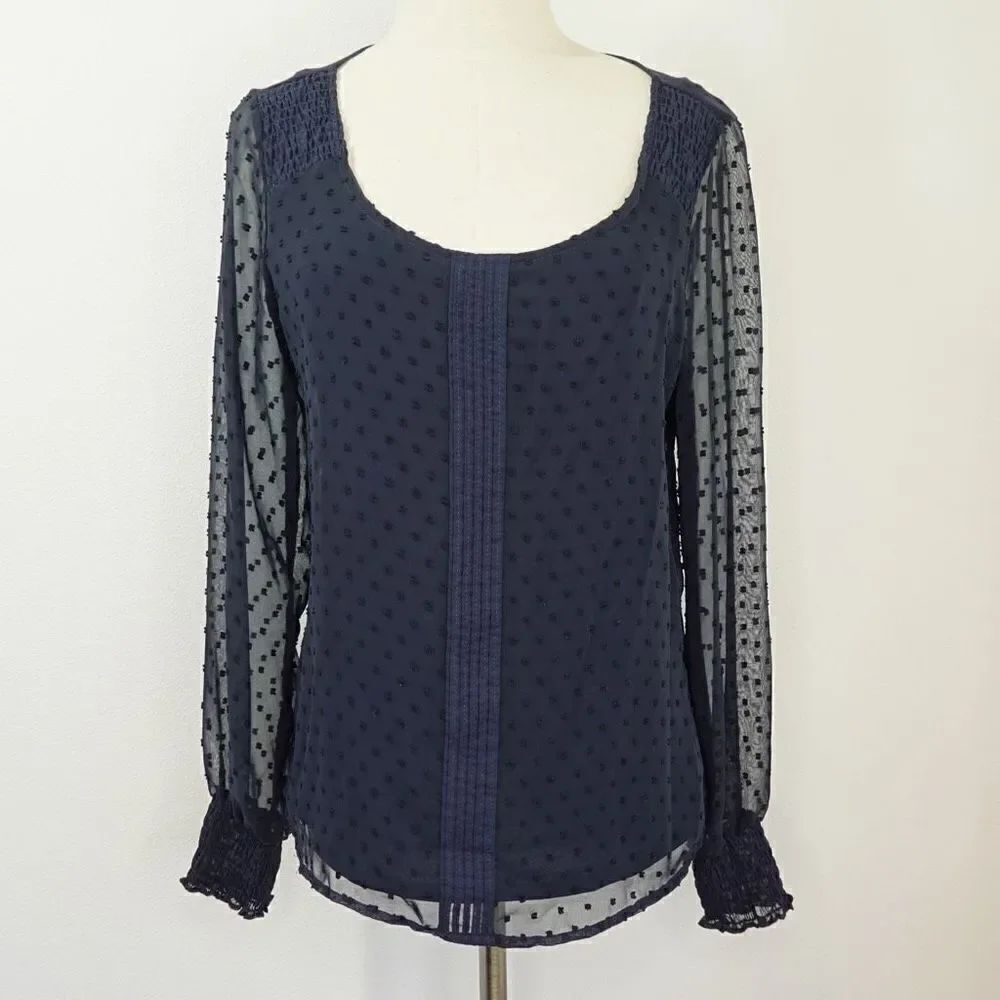 LC Lauren Conrad Swiss Dot Semi Sheer Long Sleeve Blouse Navy Size S